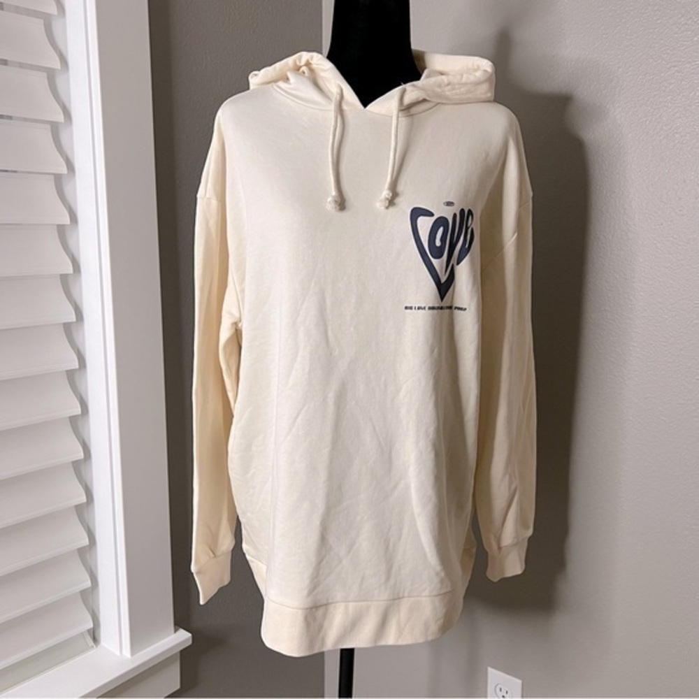NWT Top Shop women’s ivory and blue oversized Love hoodie size small (4-6)